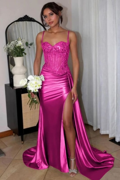 Sweetheart Ruched Satin Beadings Mermaid Prom Dress with Side Slit - Prom Dresses