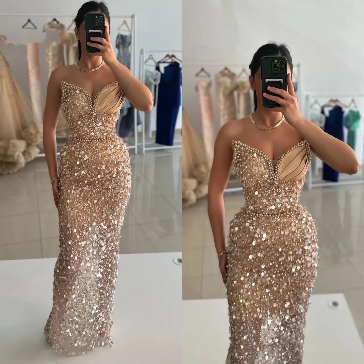 Alluring Sweetheart Sequins Mermaid Prom Dress Sleeveless Glitter Satin Long Party Dress