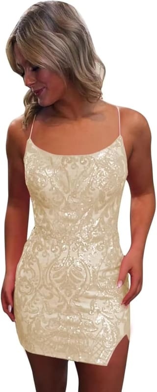Tight Sequin Homecoming Dresses Sparkly Short Prom Dress with Slit