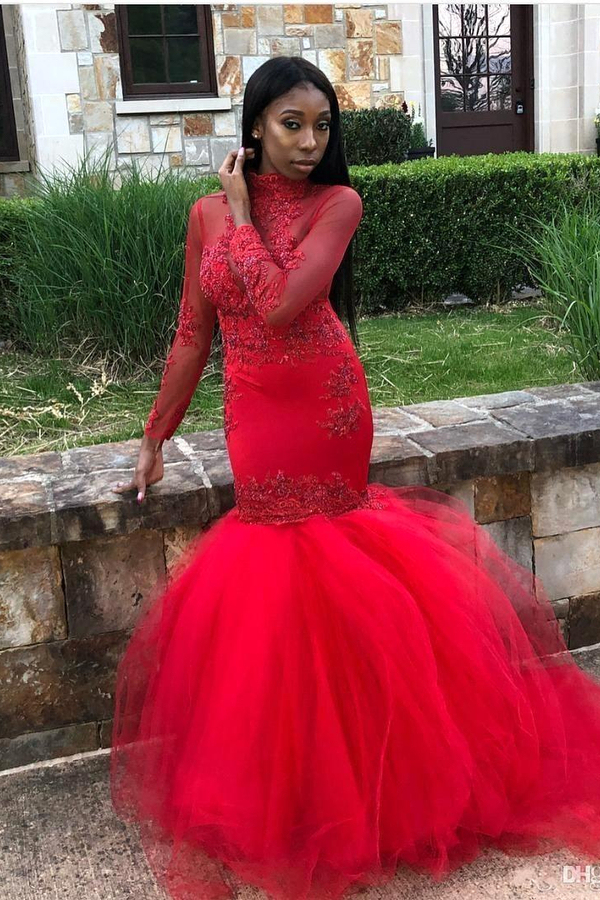 Tulle High-Neck Red Prom Dress | Affordable Mermaid Long-Sleeves Evening Gown