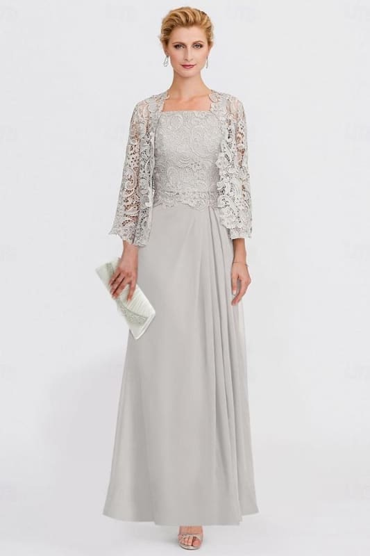 Two Pieces Chiffon Mother of the Bride Dresses Silver Lace AppliquesWedding Wear Outfits - Prom Dresses