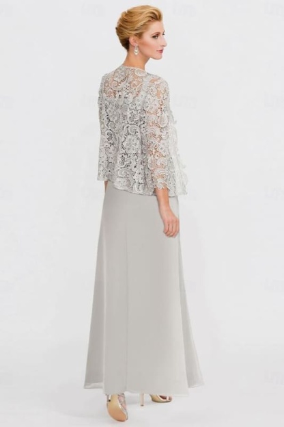Two Pieces Chiffon Mother of the Bride Dresses Silver Lace AppliquesWedding Wear Outfits - Prom Dresses