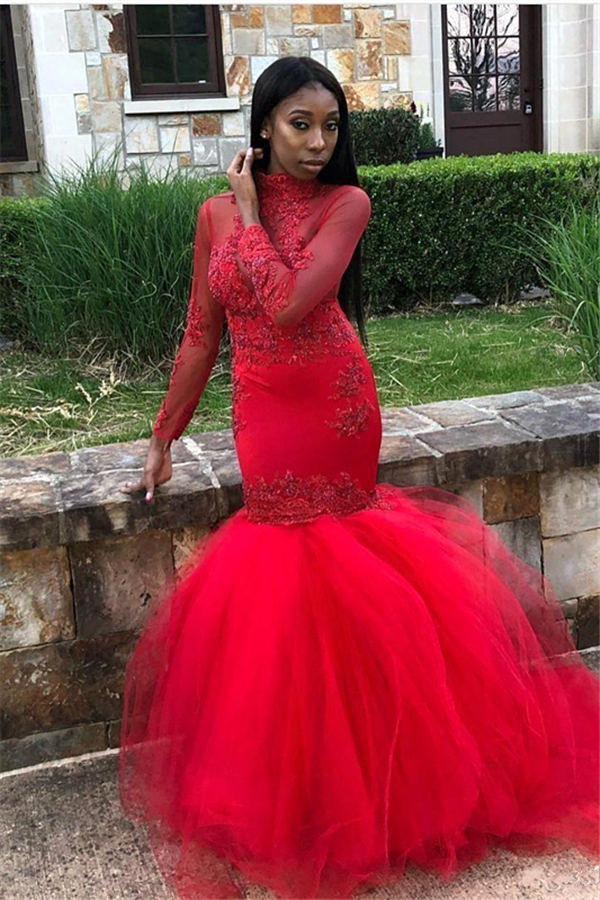 Tulle High-Neck Red Prom Dress | Affordable Mermaid Long-Sleeves Evening Gown