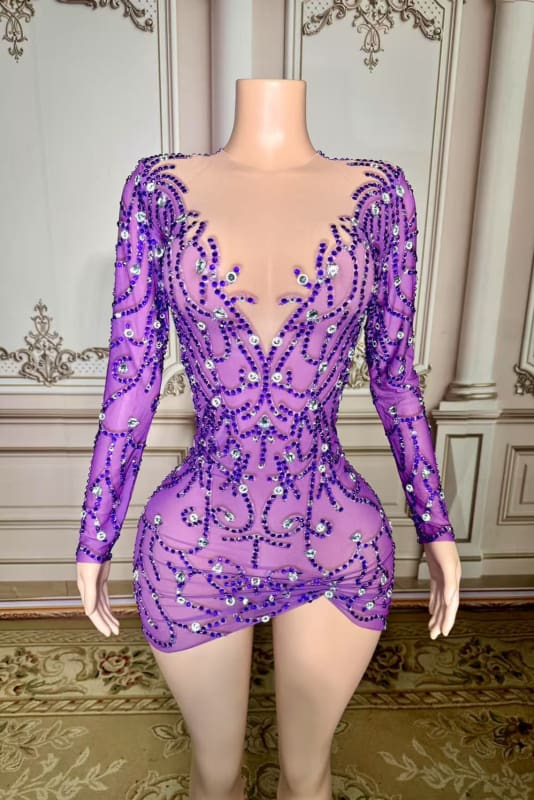 V-Neck Crystals Short Sheath Prom Dress with Long Sleeves