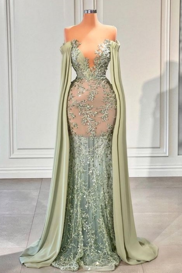 Charming Dusty Sage Mermaid Prom Dress 3D Flower Long Evening Gown with Cape