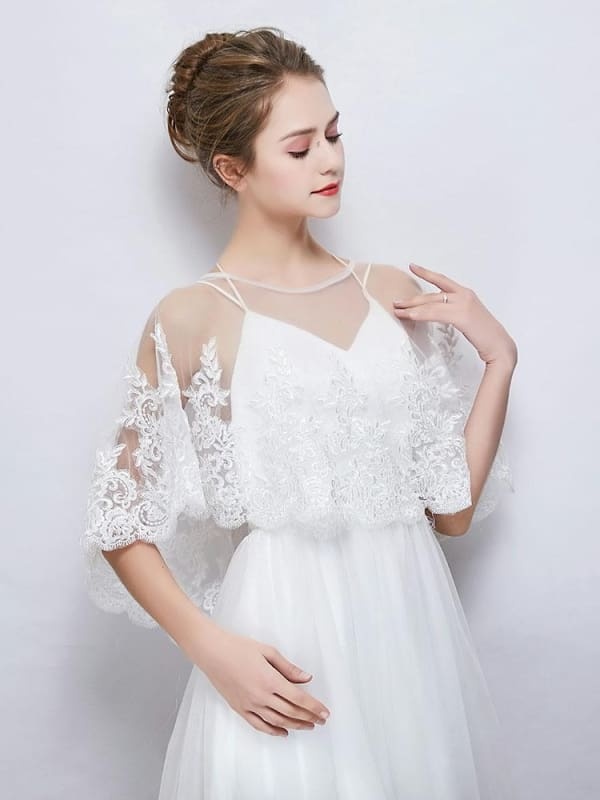 White Applique Sheer Tulle Wedding Wraps | Bridelily - wedding wraps