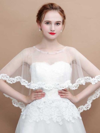 White Appliqued Sheer Soft Tulle Wedding Wraps | Bridelily - White / One Size - wedding wraps