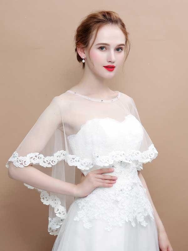 White Appliqued Sheer Soft Tulle Wedding Wraps | Bridelily - wedding wraps