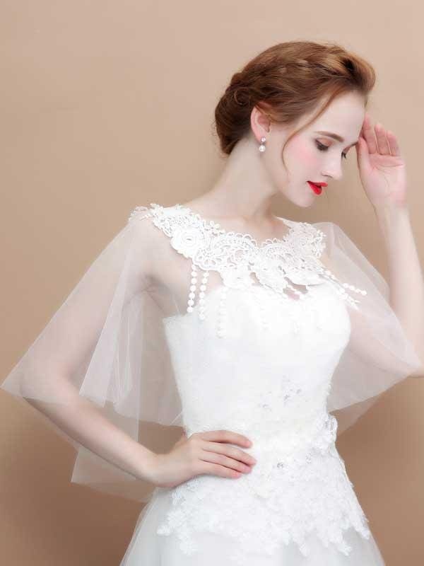 White Appliqued Sheer Soft Tulle Wedding Wraps | Bridelily - wedding wraps
