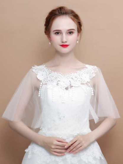 White Appliqued Sheer Soft Tulle Wedding Wraps | Bridelily - White / One Size - wedding wraps