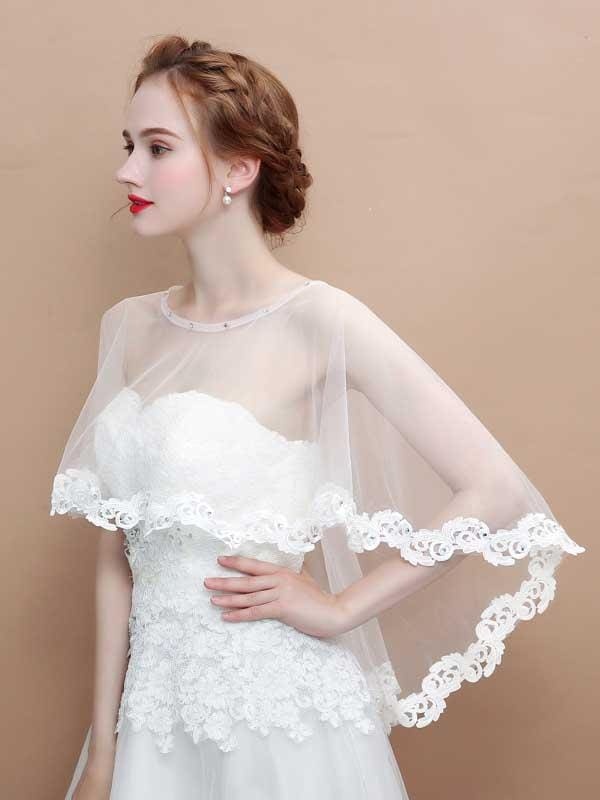 White Appliqued Sheer Soft Tulle Wedding Wraps | Bridelily - wedding wraps