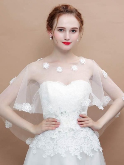 White Lace Appliqued Wedding Wraps | Bridelily - White / One Size - wedding wraps