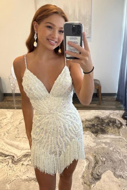 Sparkly White Beaded Tight Short Homecoming Dress with Fringes
