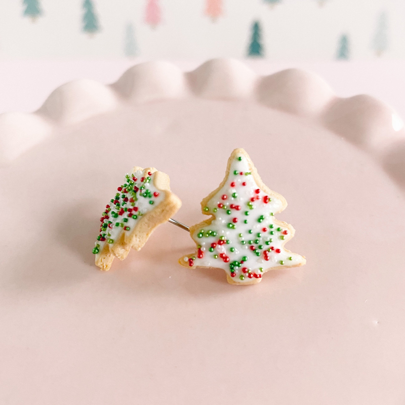 Miniature Christmas Tree Sugar Cookie Earrings - Festive Holiday Jewelry