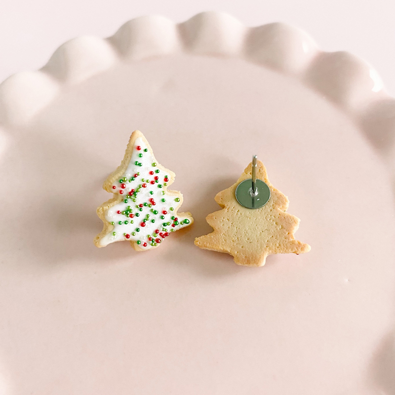 Miniature Christmas Tree Sugar Cookie Earrings - Festive Holiday Jewelry