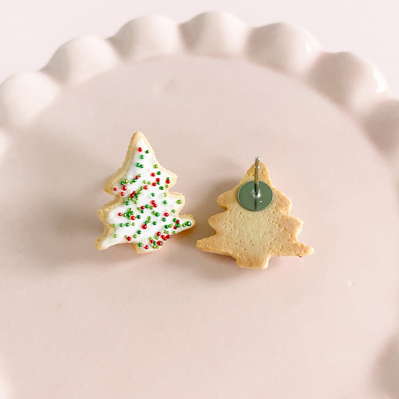 Miniature Christmas Tree Sugar Cookie Earrings - Festive Holiday Jewelry