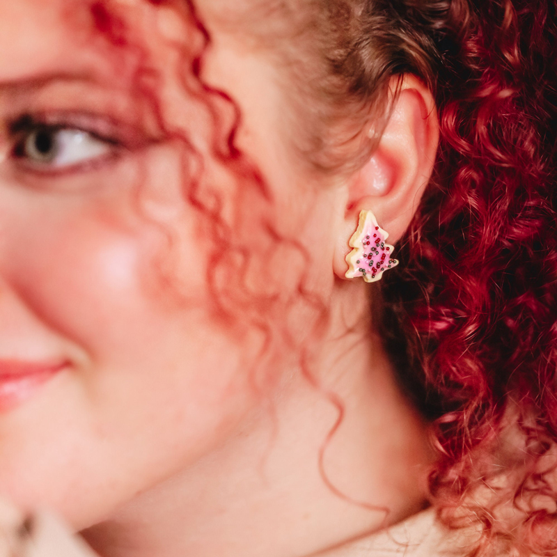 Miniature Christmas Tree Sugar Cookie Earrings - Festive Holiday Jewelry