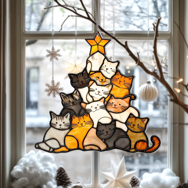 Cat Christmas Tree Suncatcher Ornament