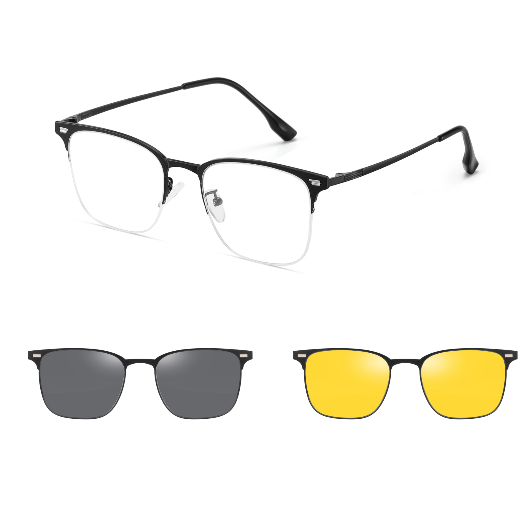Allan-Square semi-rimless polarized magnetic prescription glasses include night vision lenses-Glasses Magic