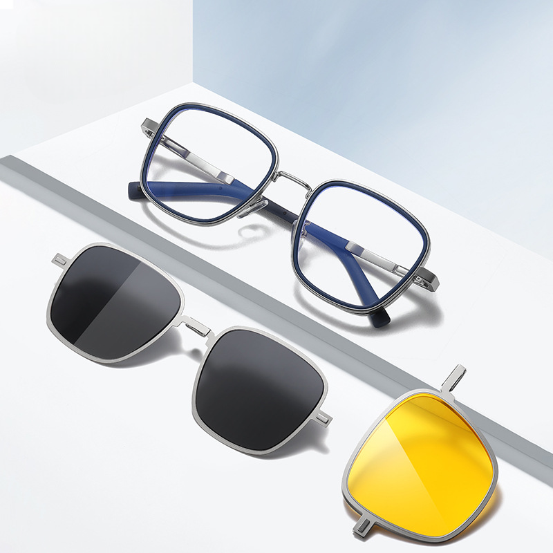 James-Square fullrim foldable polarized magnetic prescription glasses includes night vision lenses