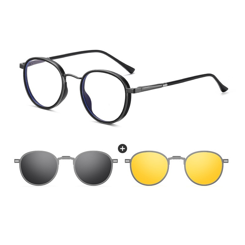 Jacob-Round fullrim foldable polarized magnetic prescription glasses includes night vision lenses