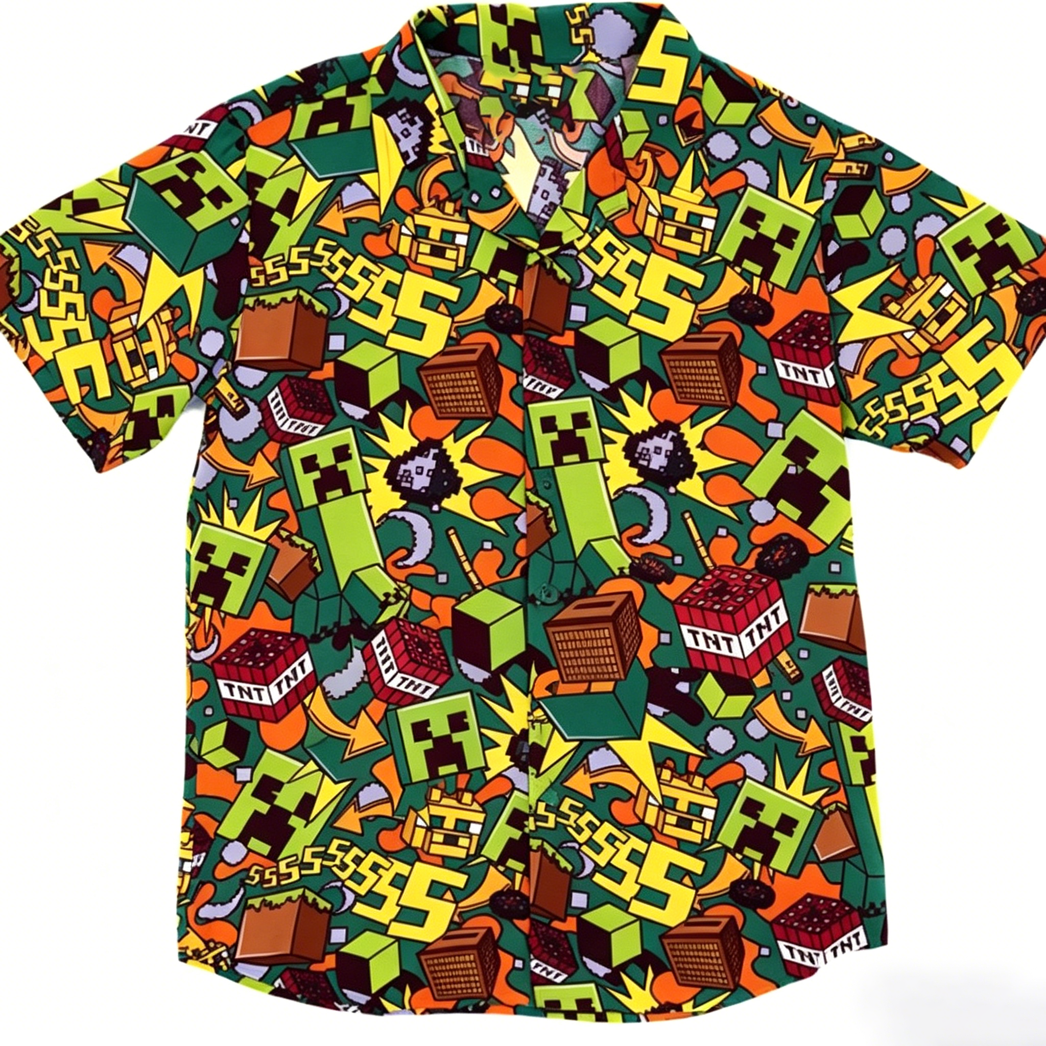 Minecraft Wild Block Party Men's Chest Pocket Stretch Hawaiian Shirt 
