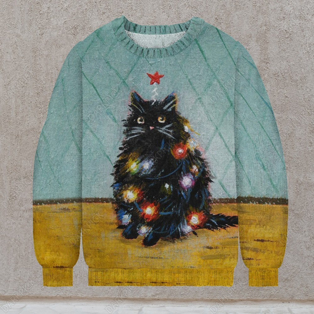 Black Cat Christmas Trees Print Casual Knit Crew Neck Sweater