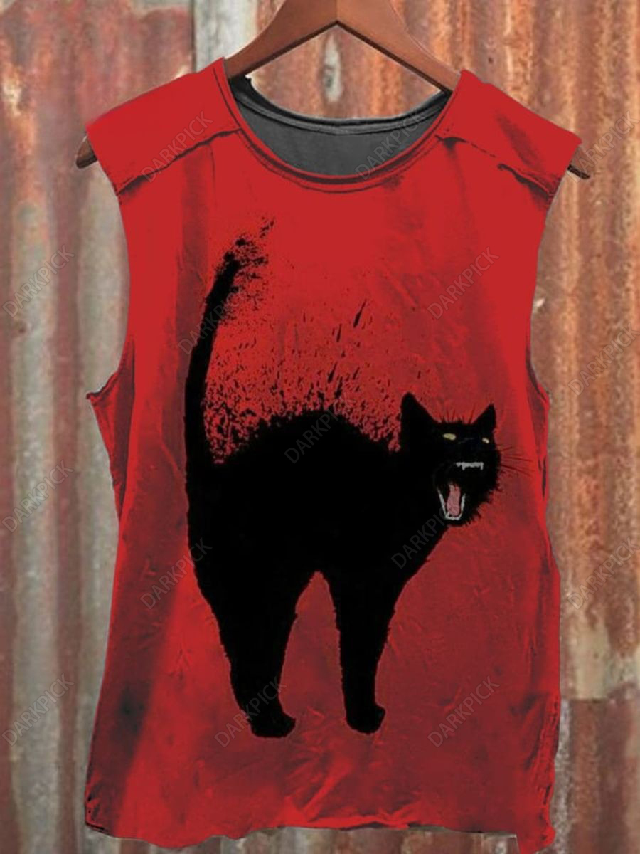 Unisex Vintage Red Black Cat Print Casual Tank Top
