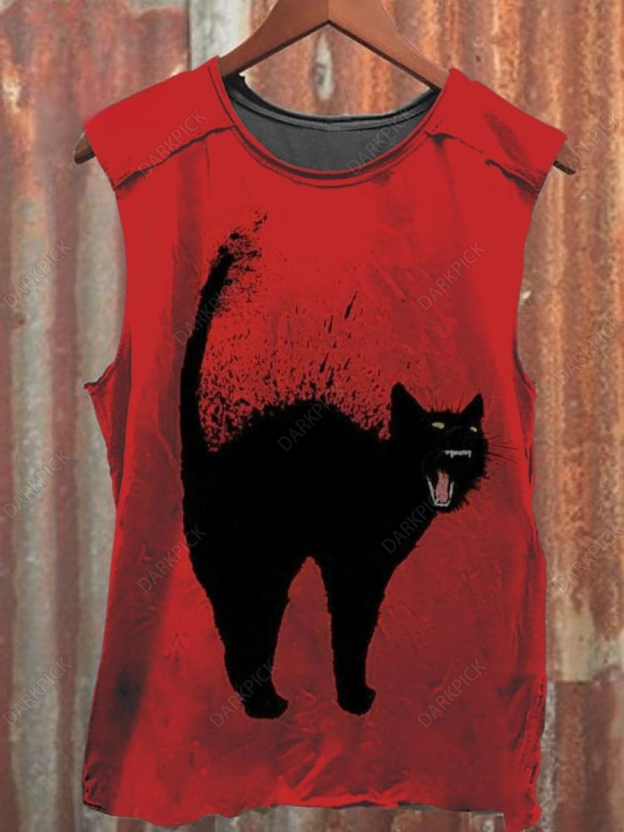 Unisex Vintage Red Black Cat Print Casual Tank Top