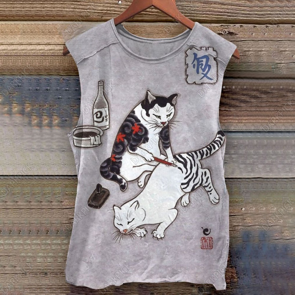 Cat In Tattoo Print 100% Cotton Casual Tank Top