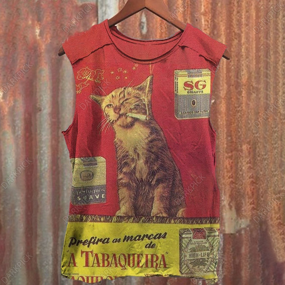 Retro Cat Smoking Print  Casual Tank Top