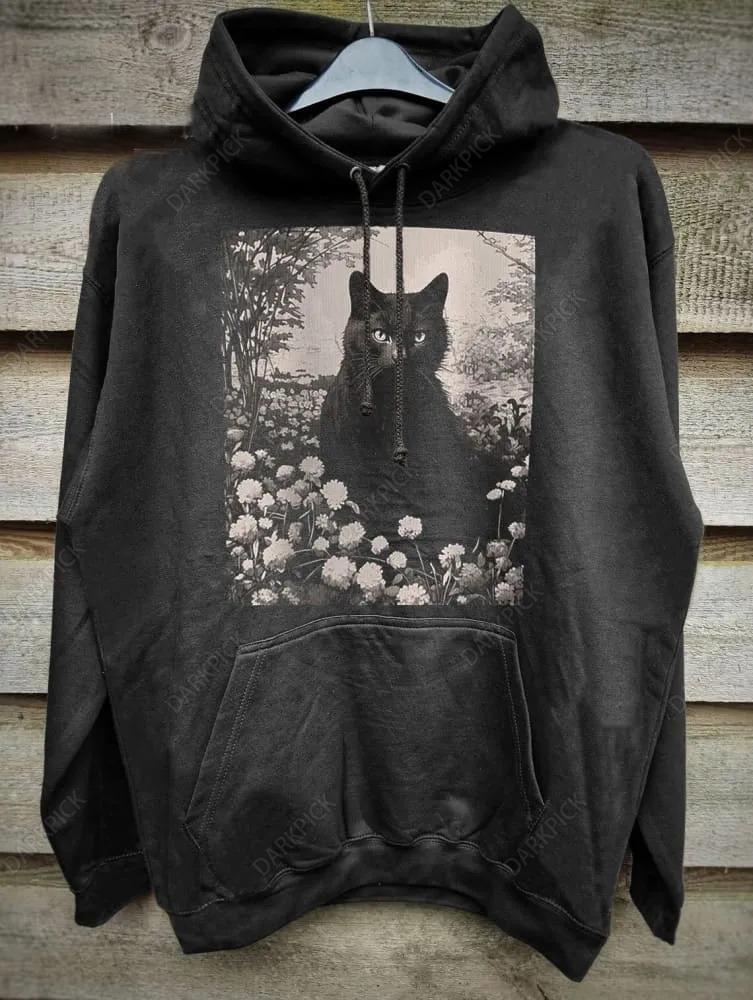 Black Cat in Garden Print Unisex Hoodie Sweatshirt