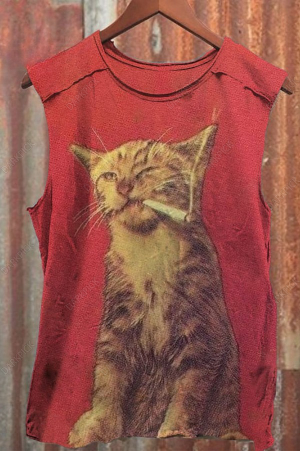 Somkecat Print 100% Cotton Casual Tank Top