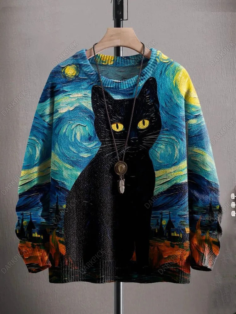 Unisex Art Black Cat Halloween Print Casual Knit Sweatshirt