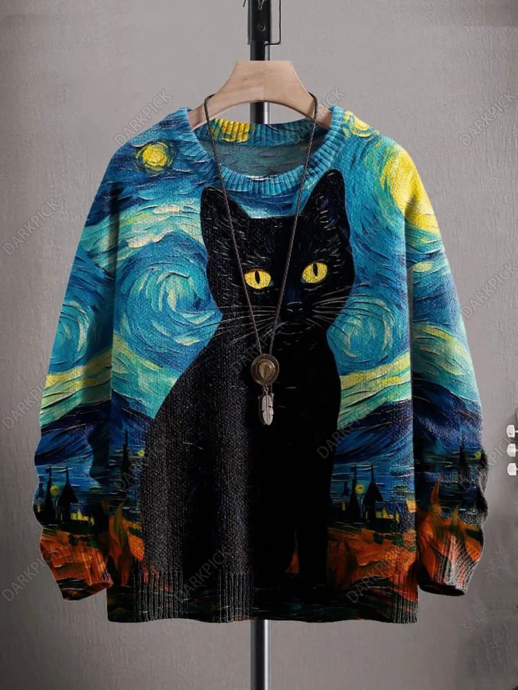 Unisex Art Black Cat Halloween Print Casual Knit Sweatshirt