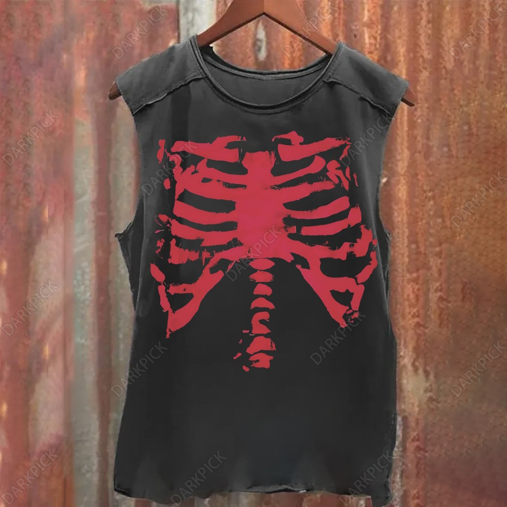 Unisex Vintage Washed Punk Skeleton Graffiti Tank Top