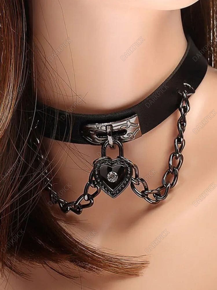 Gothic Choker Chain Heart Faux Leather Punk Necklace