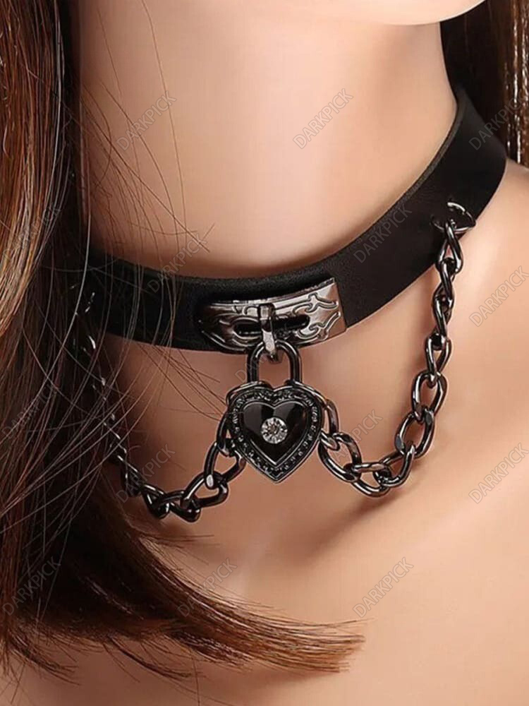 Gothic Choker Chain Heart Faux Leather Punk Necklace
