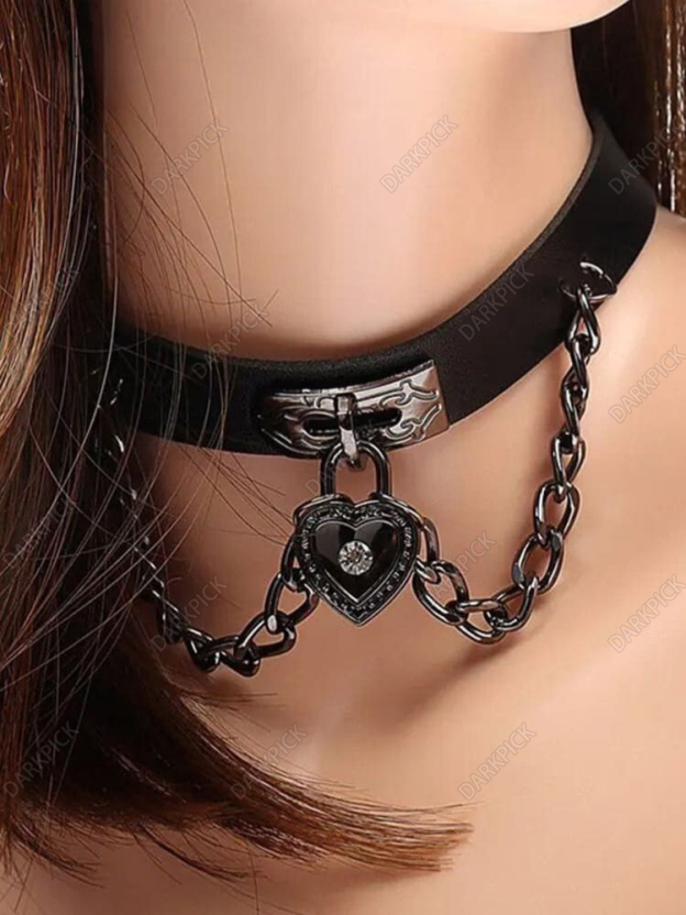 Gothic Choker Chain Heart Faux Leather Punk Necklace