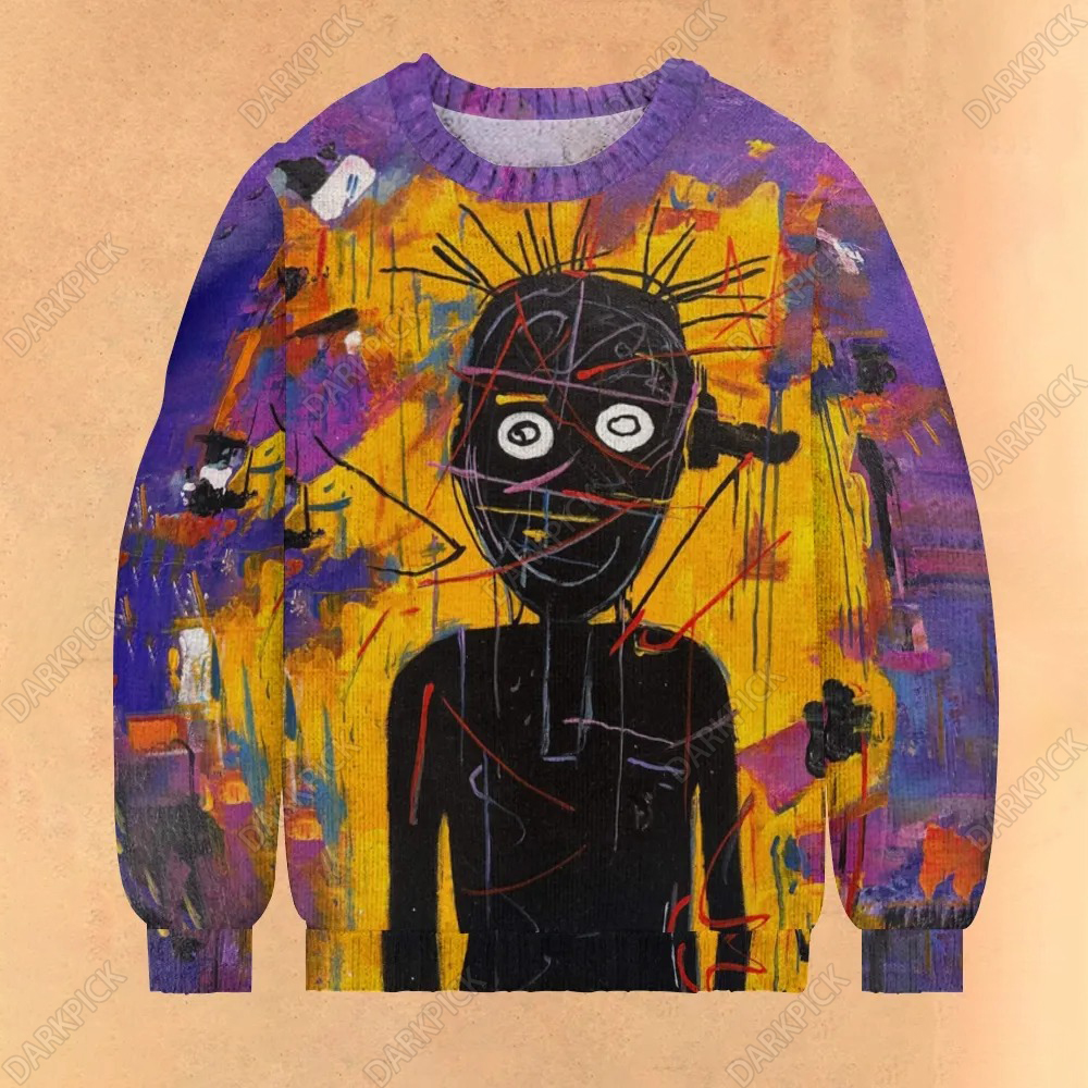 Retro Street Art Print Casual Knit Crew Neck Sweater