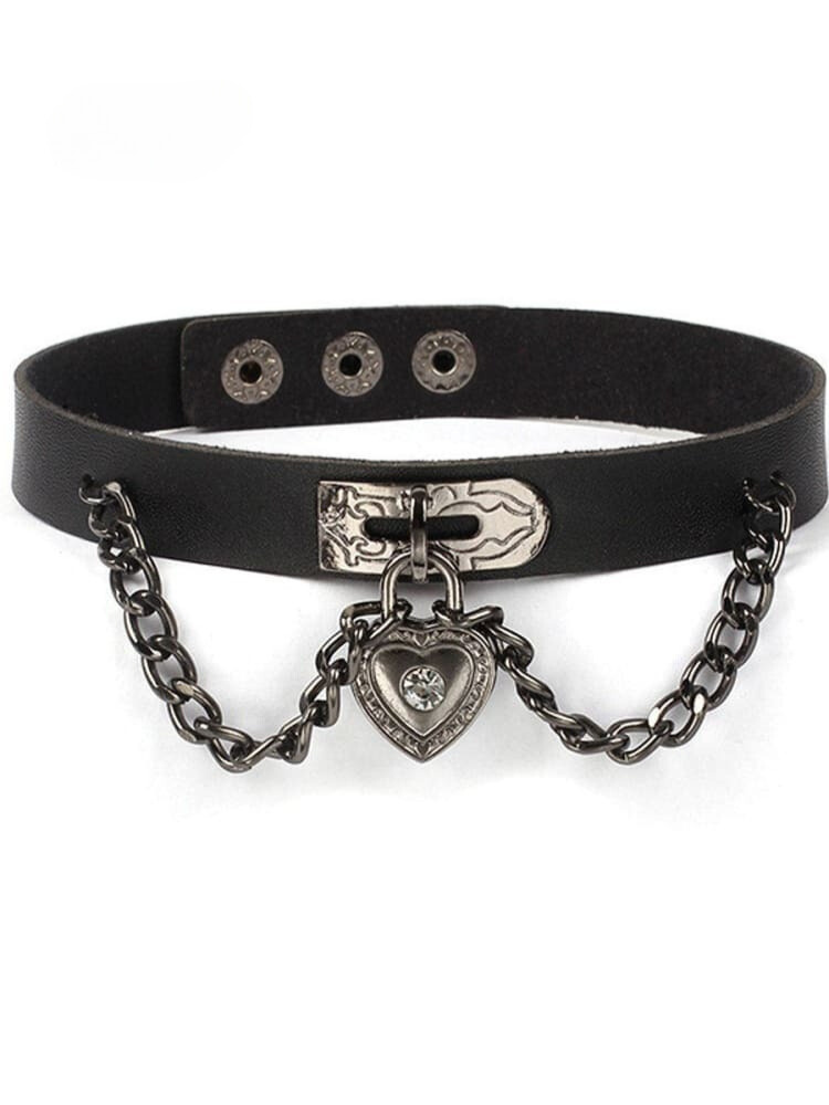 Gothic Choker Chain Heart Faux Leather Punk Necklace