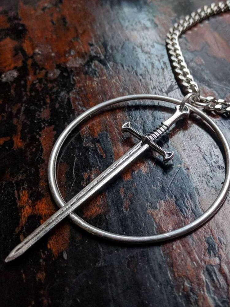 Woman Punk Cold Weapon Long Sword Circle Pendant Necklace