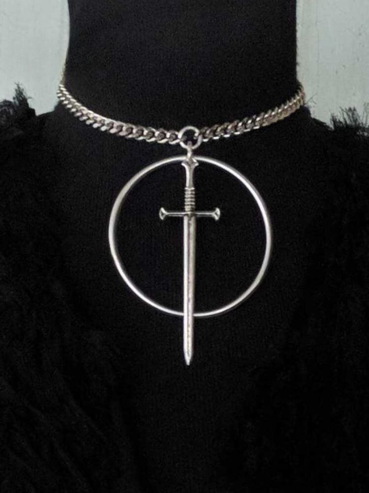 Woman Punk Cold Weapon Long Sword Circle Pendant Necklace