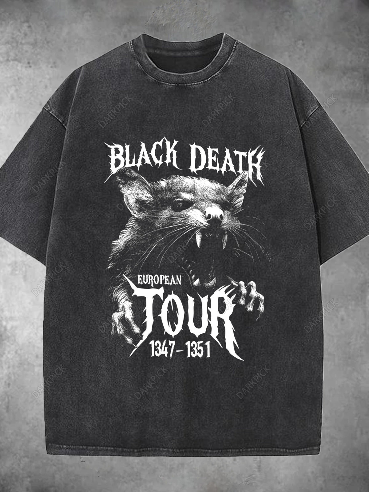 Black Death European Tour Rat Print Washed Short Sleeve Round Neck Men's T-shirt