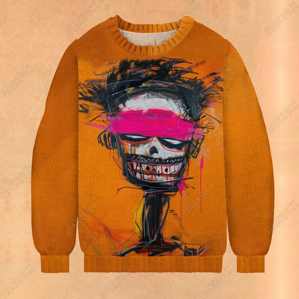 Graffiti Art Print Casual Knit Crew Neck Sweater
