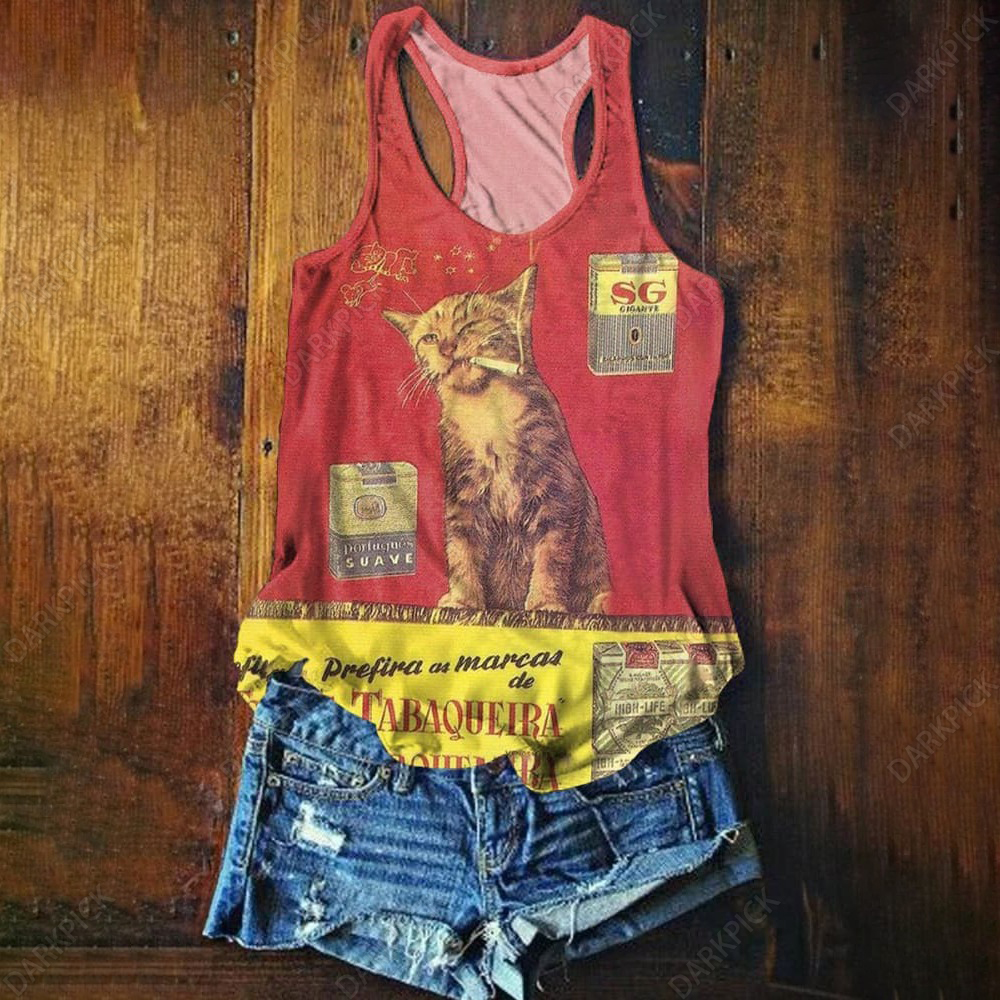 Women's Retro Cat Smoking Print Tank Top