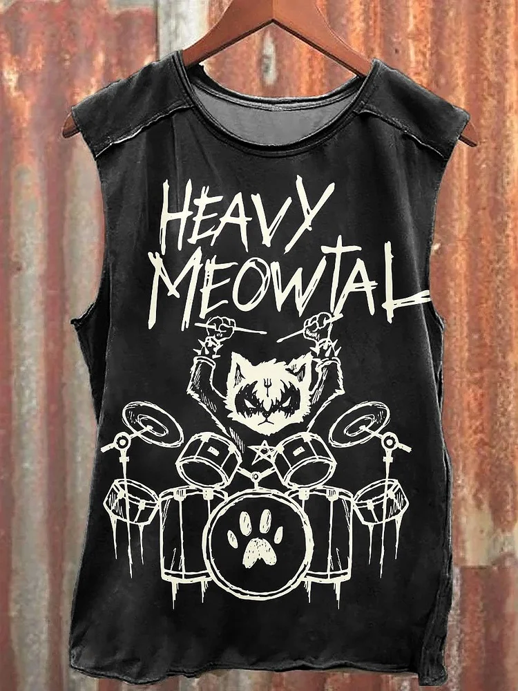 Vintage Abstract Angry Cat Art Print Casual Tank Top