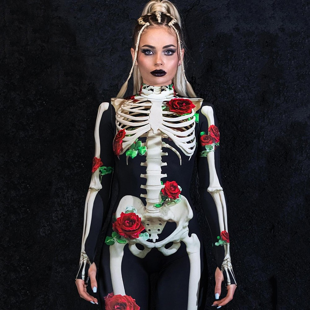 Halloween One Piece Skeleton Costume with Roses