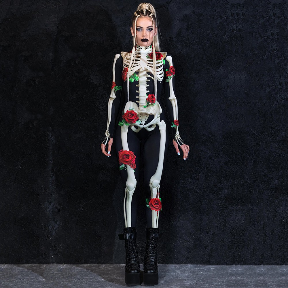Halloween One Piece Skeleton Costume with Roses