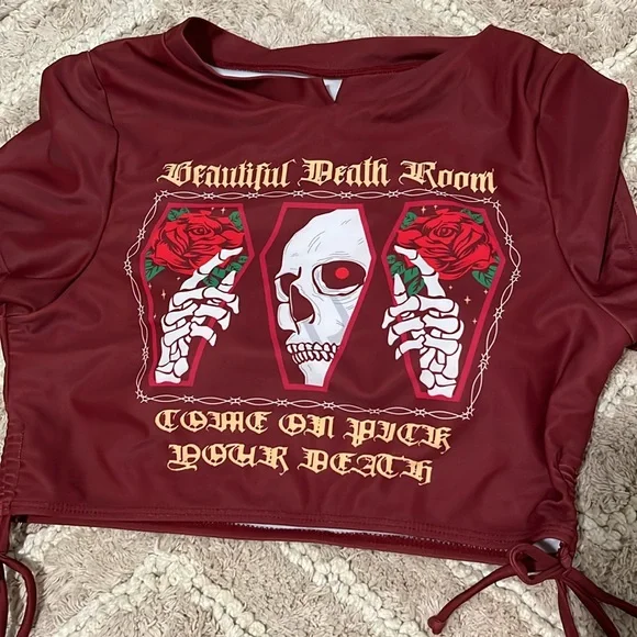 Maroon Rose Skull Bikini; Beautiful Death Room Red Bikini; Large Dark Red Bikini